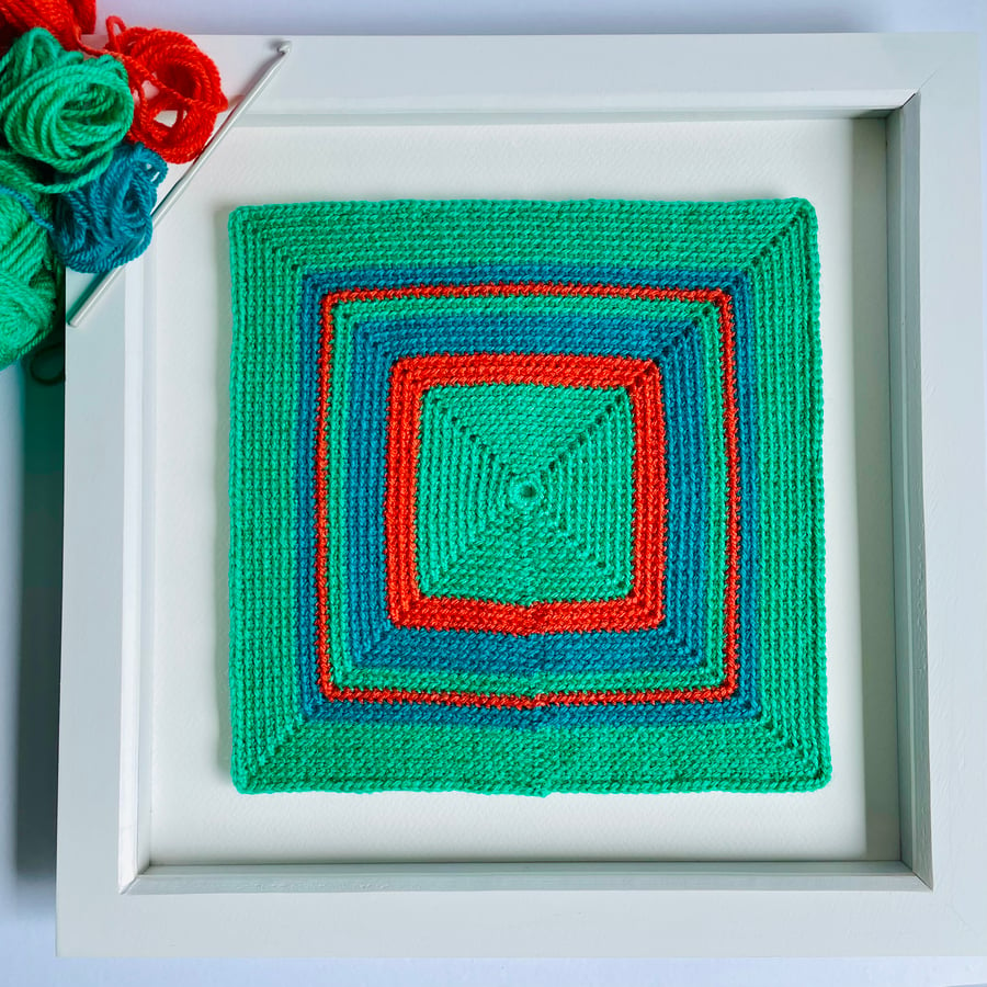 Contemporary Art, Crochet Design, Concentric Squares, Green, Blue, and Orange