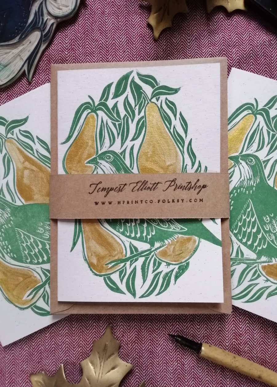 Pack of 5 Partridge Christmas cards lino print with gold pears