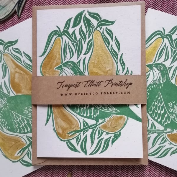 Pack of 5 Partridge Christmas cards lino print with gold pears