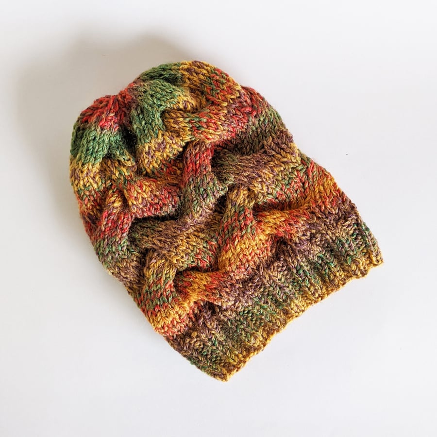 Slouchy Cable Beanie Hat in Autumnal Colours