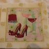 100% cotton fabric squares. Two drinks, red shoes, bag (76)