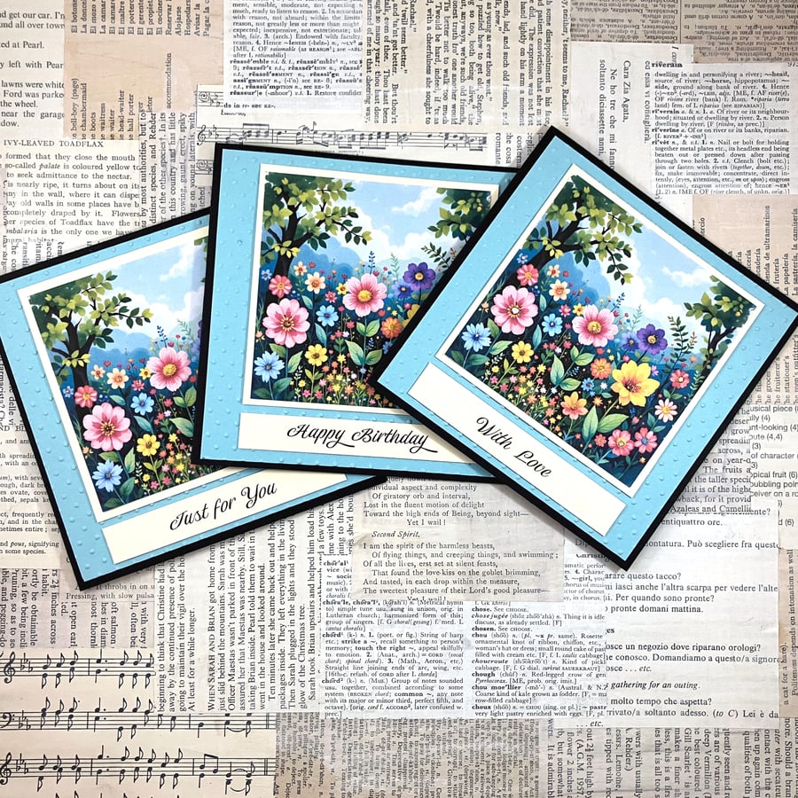 Pack of three flower meadow cards - Happy Birthday, Just for You, With Love
