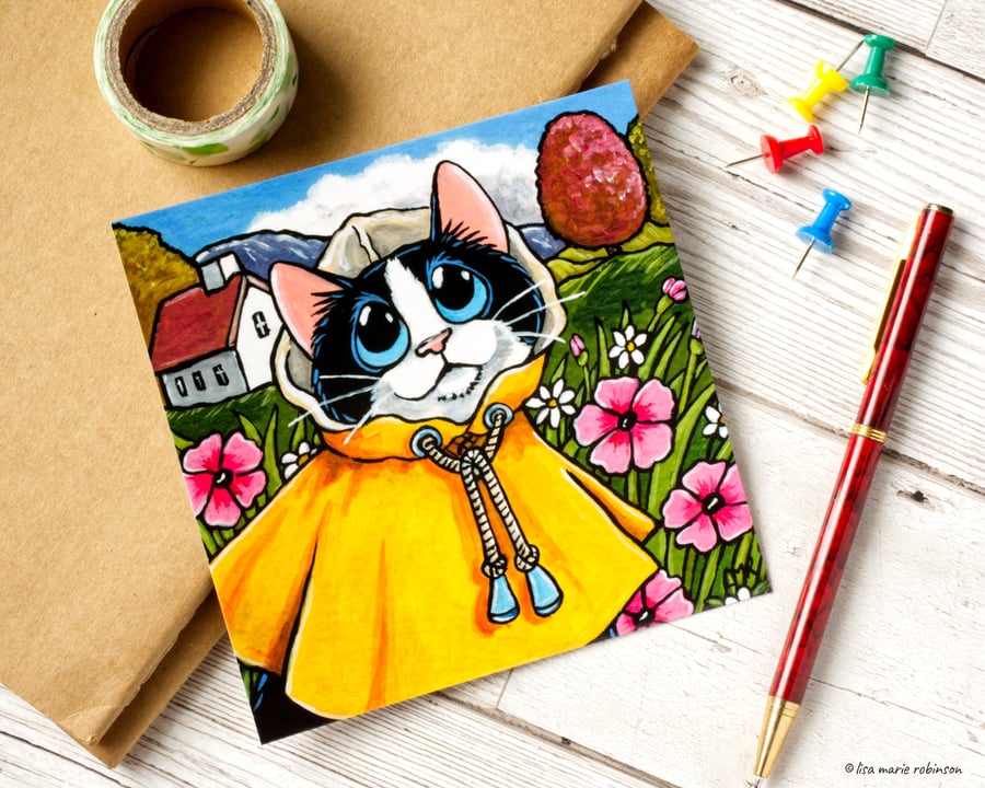 Cat Wearing Yellow Raincoat Postcard