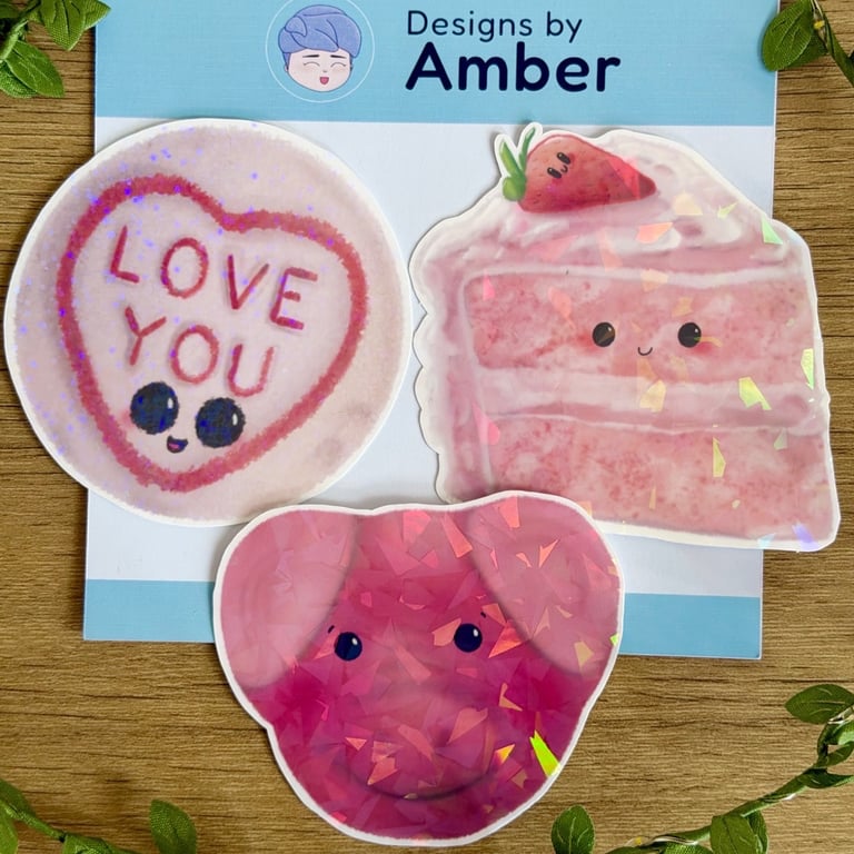 Cute Pink Sweet Shop Vinyl Sticker Set - Pig Cake Heart Holographic