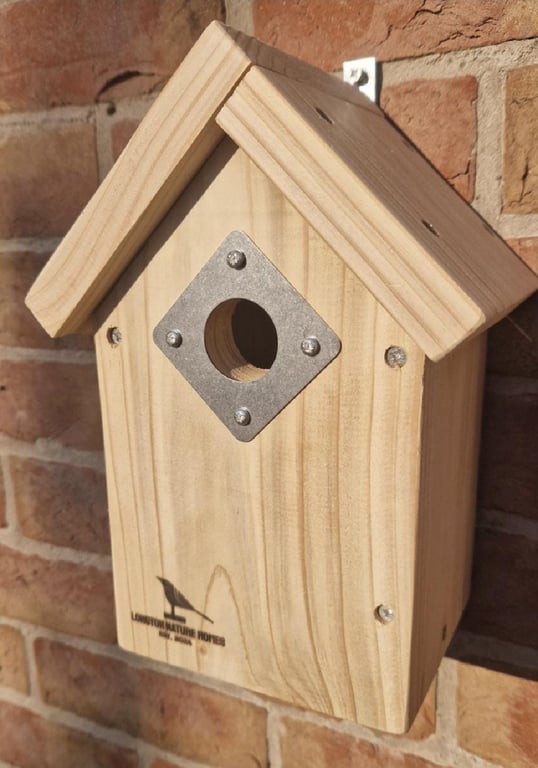 Cedar Bird Box, Handmade Nest Box UK, Blue Tit Nesting Box, Stainless Steel, Gar