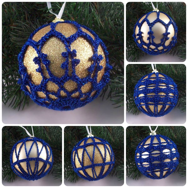 Christmas baubles boxed set of 6 large decorated with crochet lace (A39)