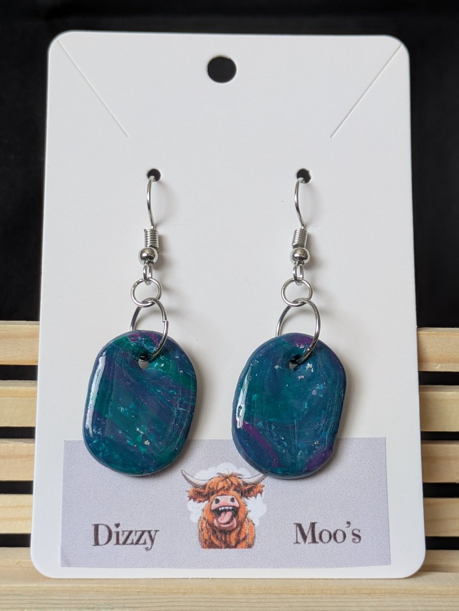 Green and purple clay round rectangle earrings 