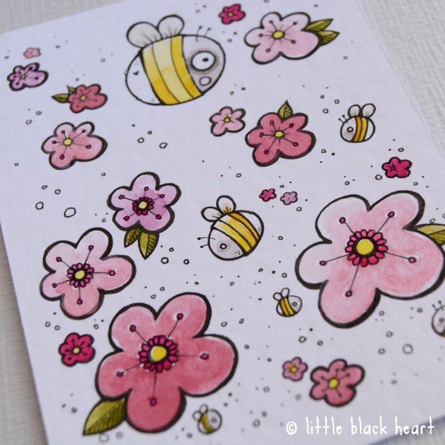 little bumbles and blossom - original aceo