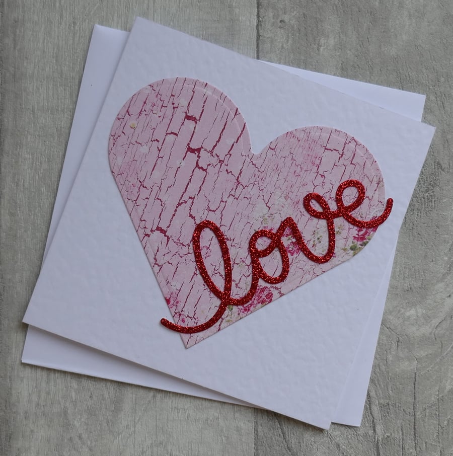 Pink and Red Heart with Red Glitter Love - Anniversary, Wedding, Love Card