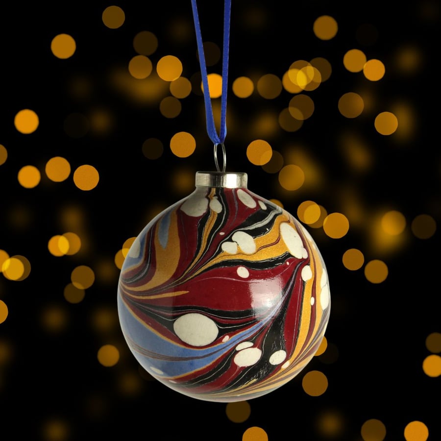Christmas bauble ornament hand marbled round ceramic
