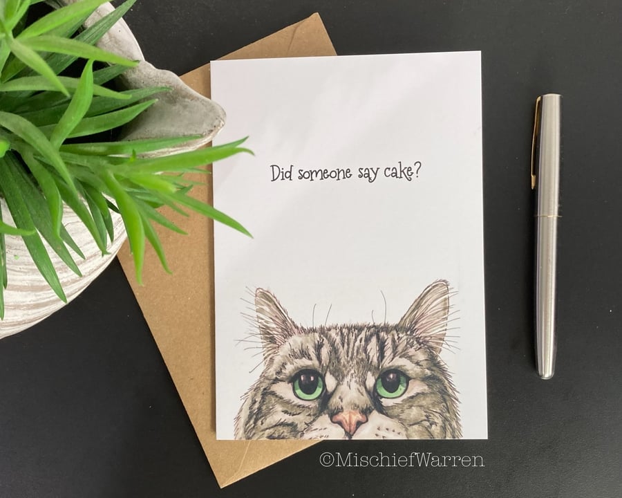Grey Tabby Cat Art Card - blank or Personalised for any occasion