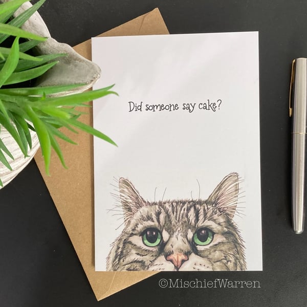 Grey Tabby Cat Art Card - blank or Personalised for any occasion