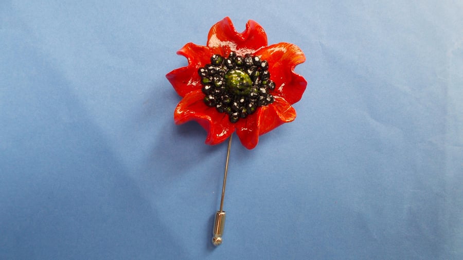 Large RED POPPY PIN Red Wedding Remembrance Lapel Flower HANDMADE HAND PAINTED
