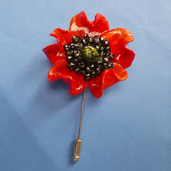 Large RED POPPY PIN Red Wedding Remembrance Lapel Flower HANDMADE HAND PAINTED