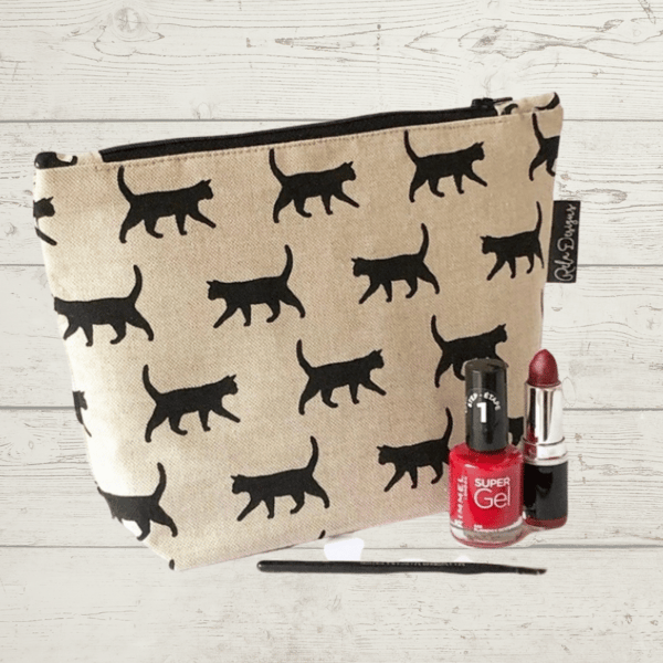 Make up bag linen black kittens 