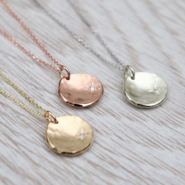Handmade 9ct yellow, rose or white gold diamond petal charm pendant and chain