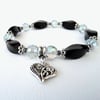 Handmade black agate onyx & crystal bracelet with heart charm embelishment