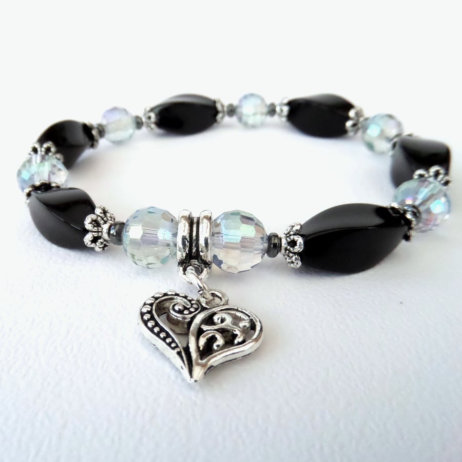 Handmade black agate onyx & crystal bracelet with heart charm embelishment