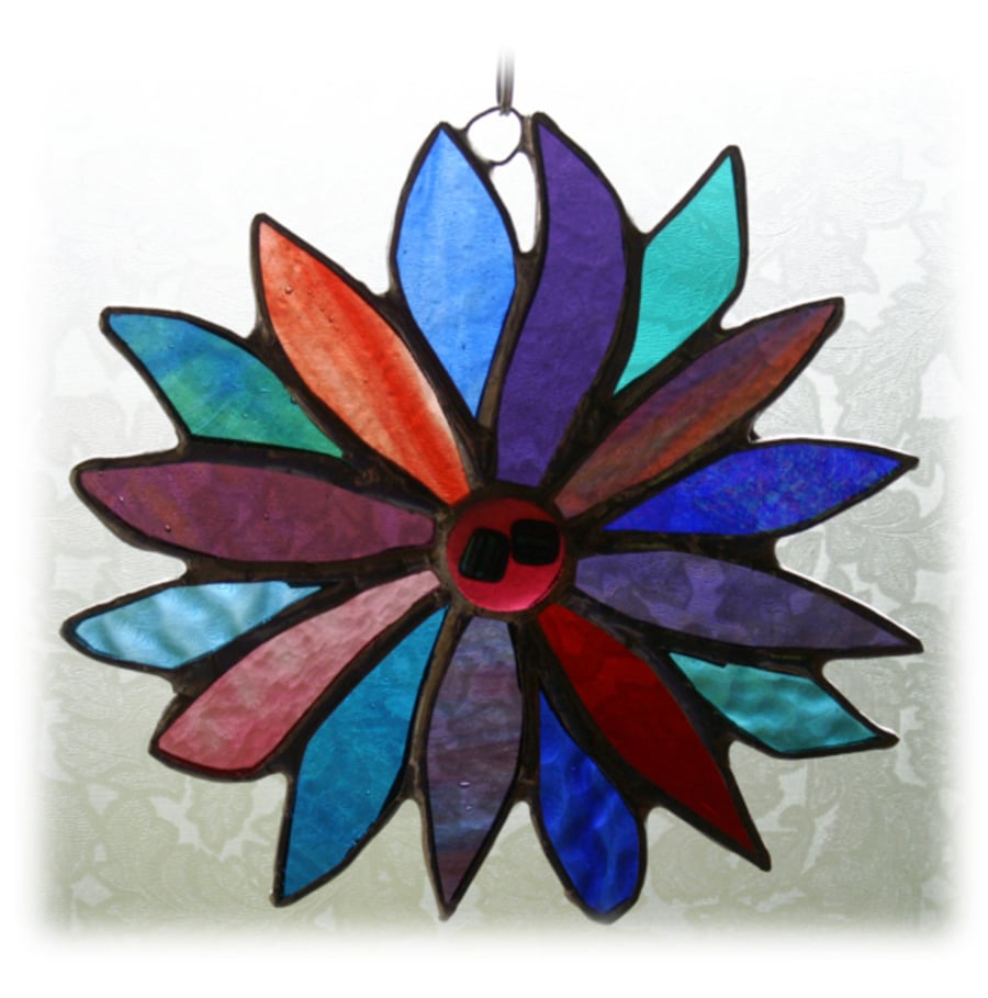 Jewel Flower Stained Glass Suncatcher Emerald Sapphire Ruby 001