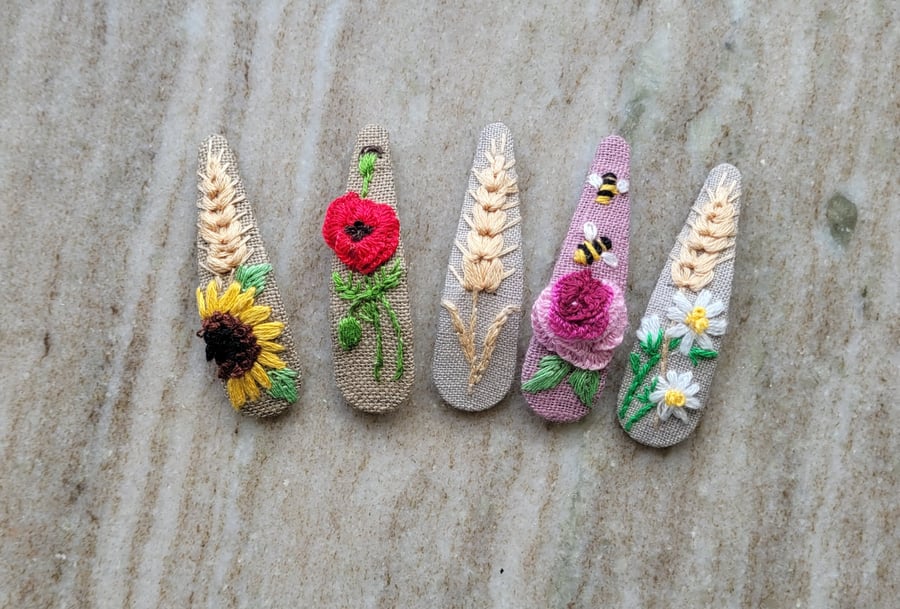 floral summer hair clips, Sunflower, poppy, wheat, rose and bee, daisy, gift