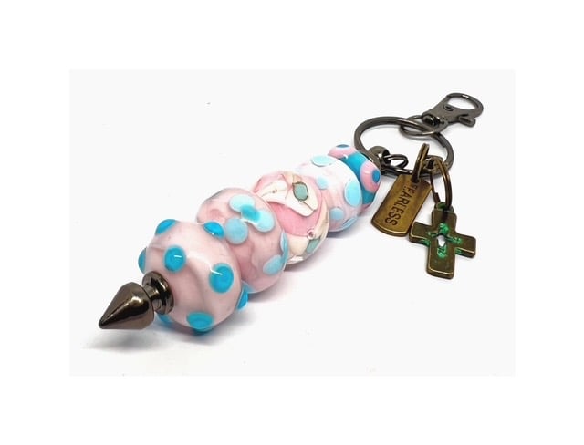 Handmade Pink Lamp-work Glass Bead Bag Charm Keyring with added Charms Fun Gift