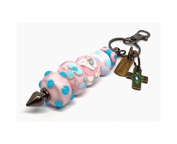 Handmade Pink Lamp-work Glass Bead Bag Charm Keyring with added Charms Fun Gift