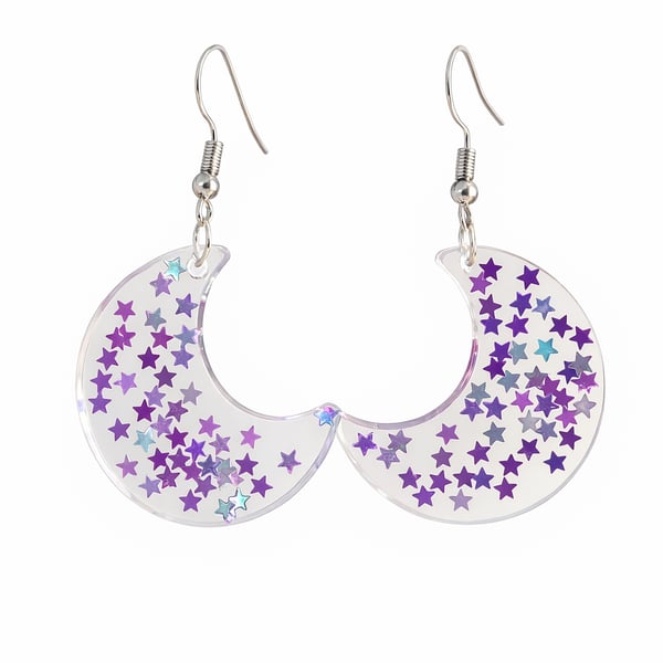 Purple Star Crescent Moon Resin Earrings – Celestial Witchy Dangle Jewellery