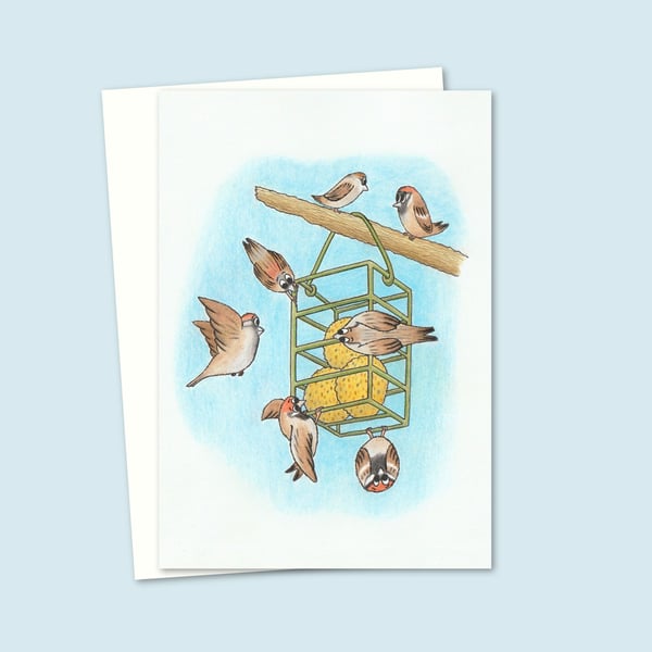 Garden Sparrows Greeting Card - Pencil Artwork for Any Occasion (208)