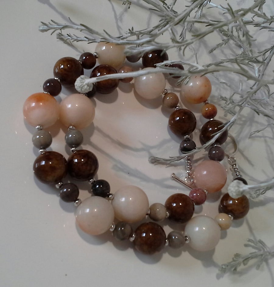 Bronzite & Agate Statement Necklace Silver Plated
