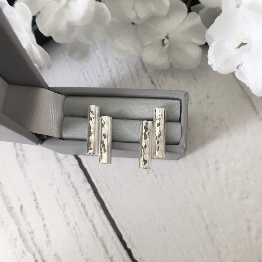 Double Bar Textured Sterling Silver Stud Earrings