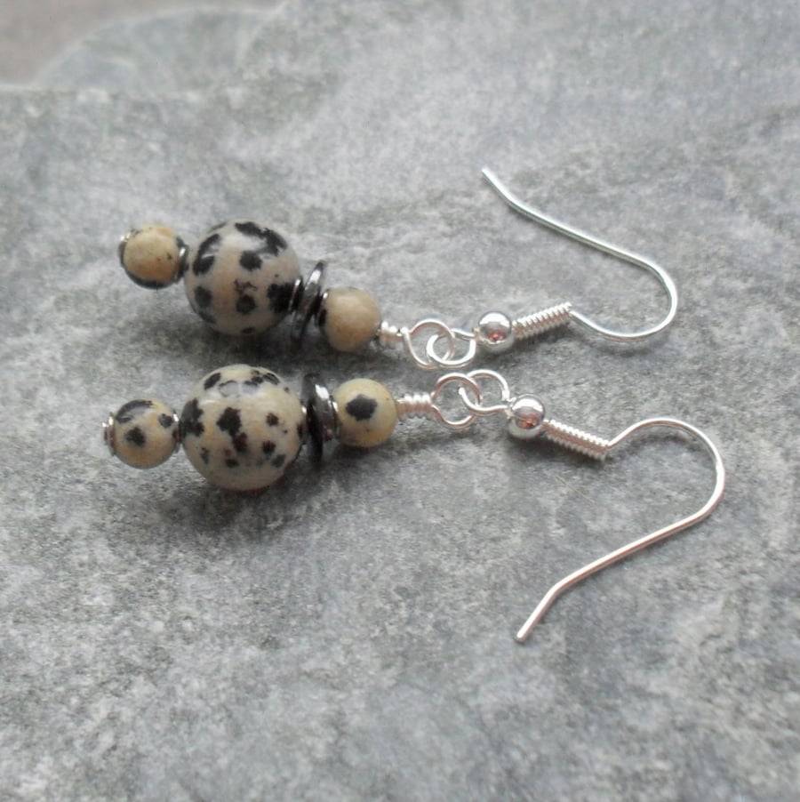 Dalmatian Jasper and Haematite Drop Earrings Silver Plate