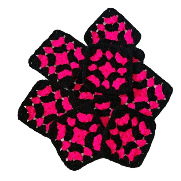 Handmade Crochet Granny Squares Midnight Fuchsia & Black, Geometric Patches