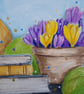 Crocuses, books and yarn - original artwork, framed - Image 3
