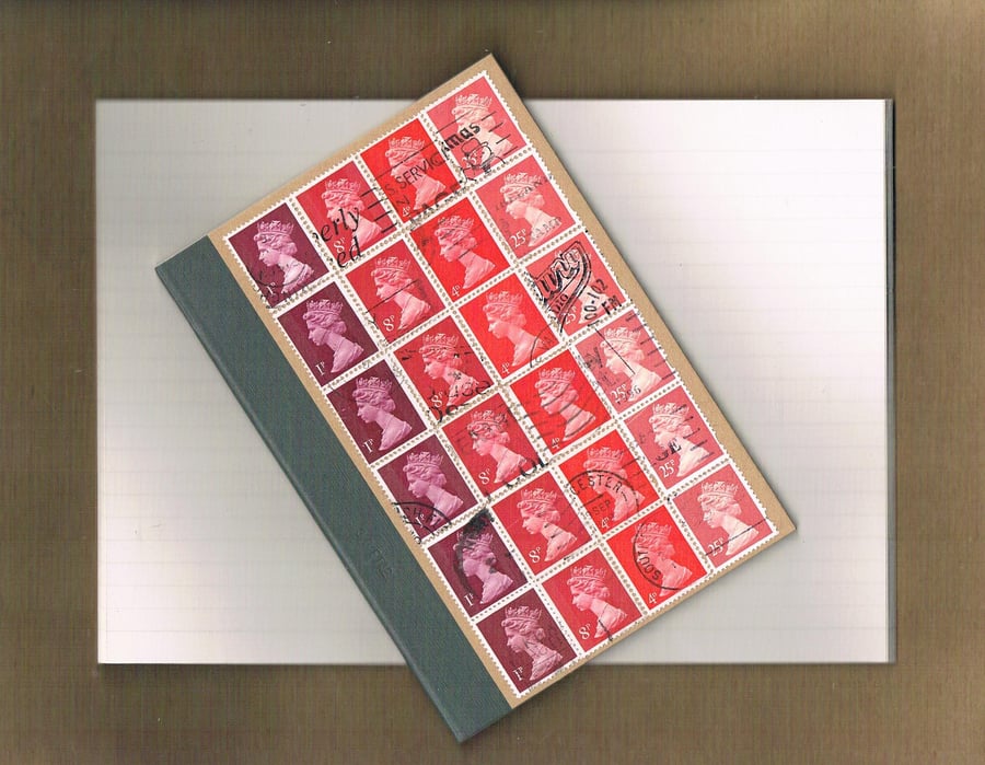 Upcycled Machin postage stamp notebook - festive red ombre, lined notebook