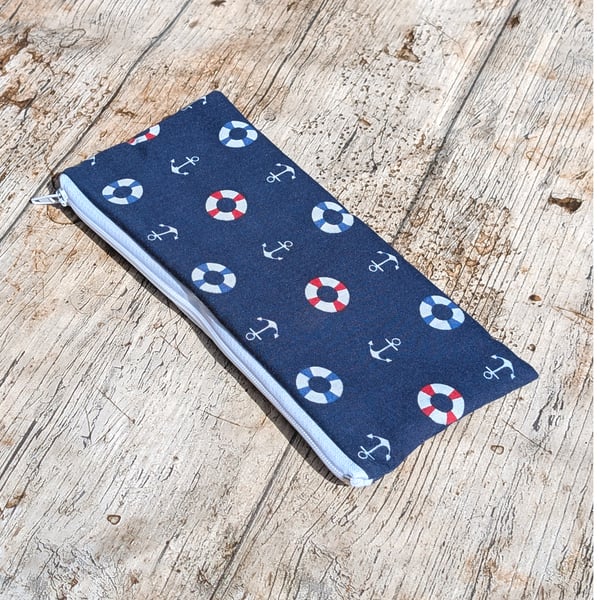 Sea, Anchor Pattern zipped lined pencil case, Stationary, school, gift, 