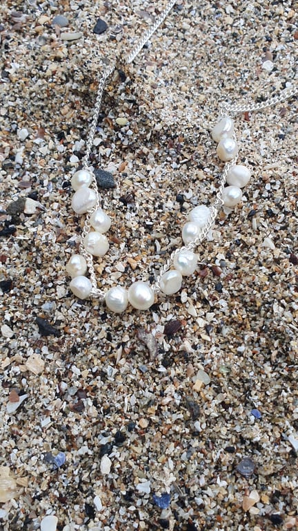 Woven fresh water pearl necklace silver 24 inch chain