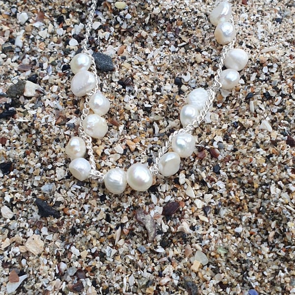 Woven fresh water pearl necklace silver 24 inch chain