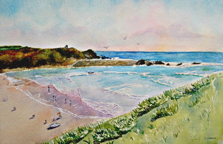 Summerleaze Beach Bude Cornwall original watercolour painting A3 size unmounted