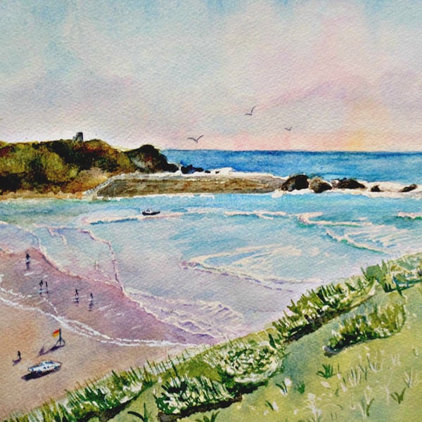 Summerleaze Beach Bude Cornwall original watercolour painting A3 size unmounted