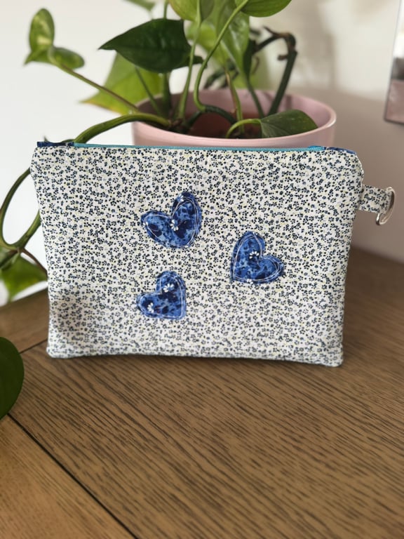 Hande Made Blue Floral Heart Makeup Pouch