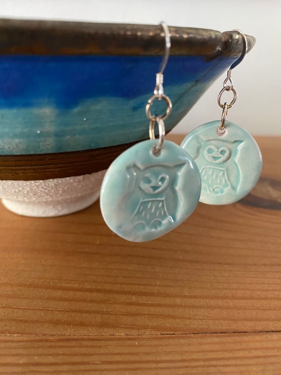 Porcelain stamped ceramic green owl earrings silver hooks 