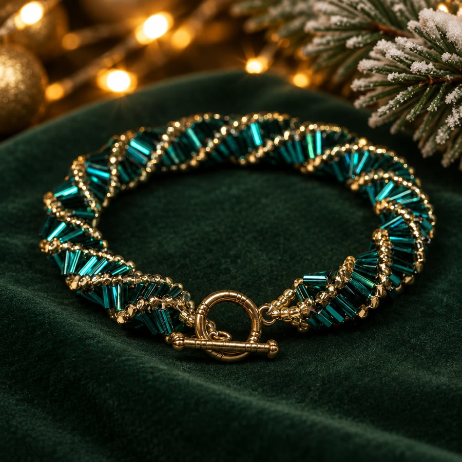 Art Deco Beaded Bracelet Teal & Gold Bugle Bead 1920s Inspired- Made to Order