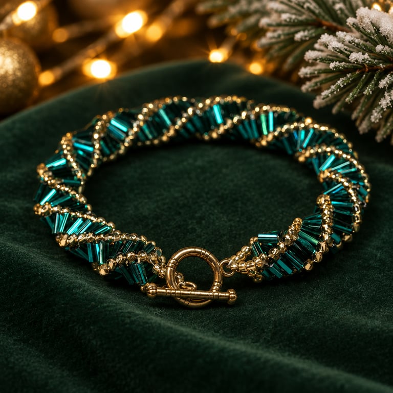 Art Deco Beaded Bracelet Teal & Gold Bugle Bead 1920s Inspired- Made to Order