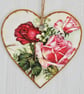 Decoupaged Wooden Hanging Heart 15cm (6”): Red Pink Roses design