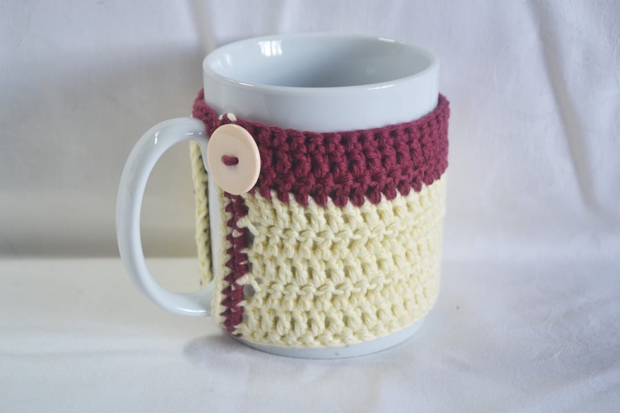 Crochet Mug Cosy Mug Wrap Mug Hug Maroon Yellow 100% Cotton Hygge OOAK Ver. 31