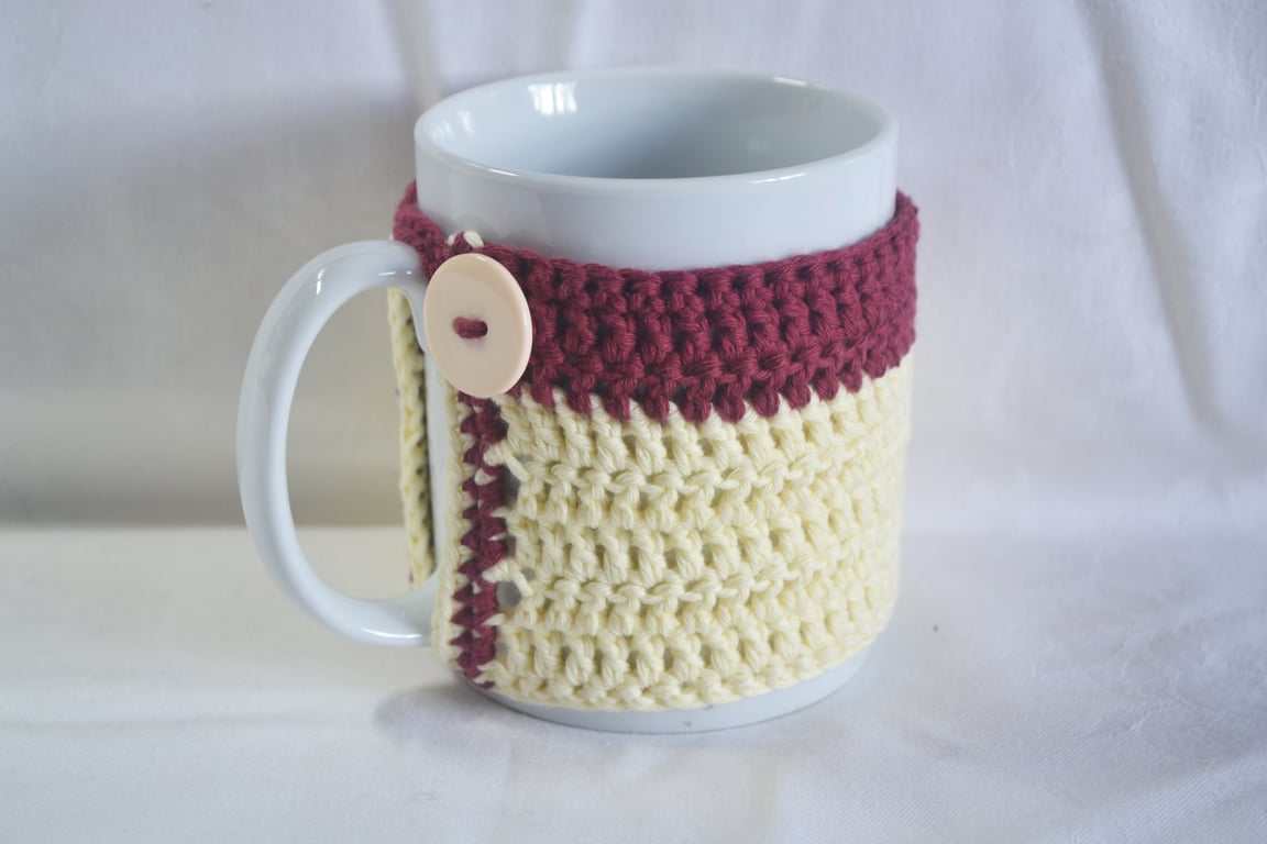 Crochet Mug Cosy Mug Wrap Mug Hug Maroon Yellow 100% Cotton Hygge OOAK Ver. 31