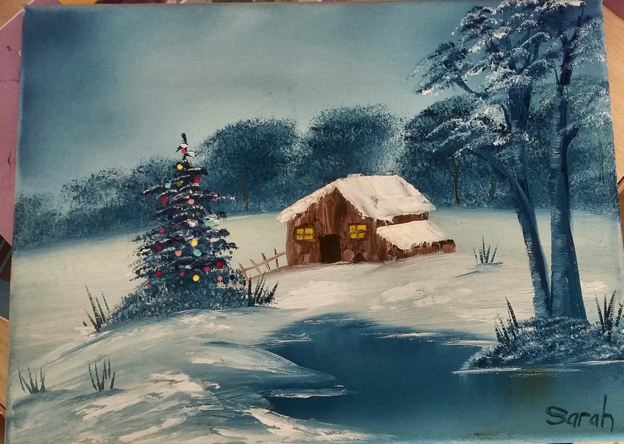Christmas cabin original oil painting 