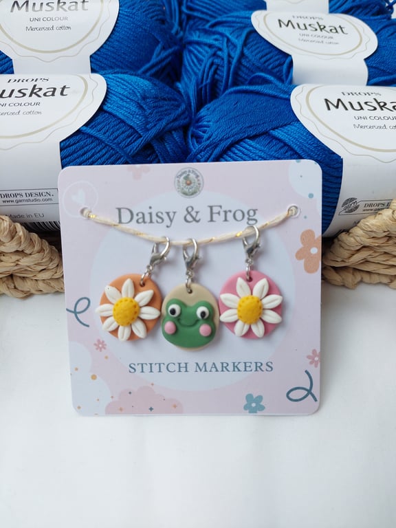 Daisy & Frog Polymer Clay Stitch Markers – Set of 3