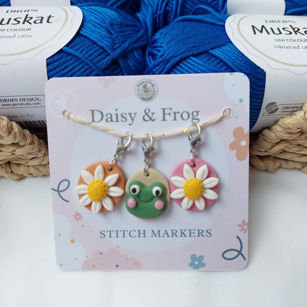 Daisy & Frog Polymer Clay Stitch Markers – Set of 3