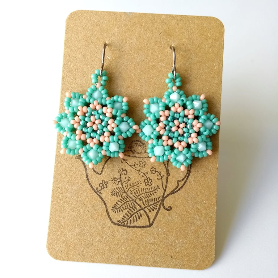 Mandala Style Crystal Earrings in Peach Pink and Mint Green